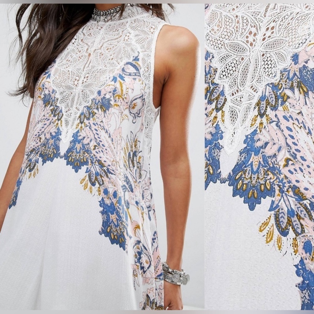 Free People White Lace, Floral Printed Slip Dress, Size Large